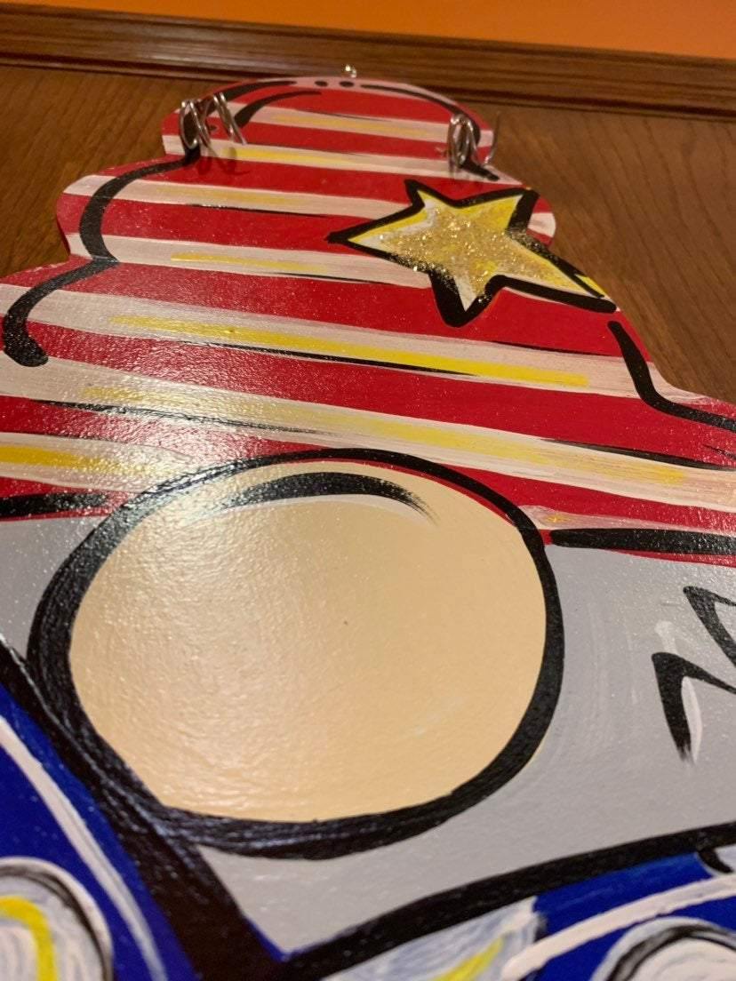 Gnome 4th of July Door Hanger - Patriotic- Red White Blue wood cut out hand painted personalized door hanger