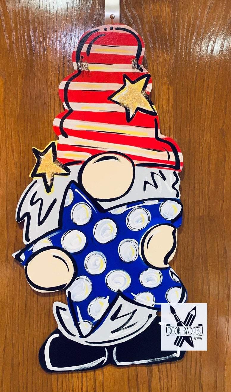 Gnome 4th of July Door Hanger - Patriotic- Red White Blue wood cut out hand painted personalized door hanger