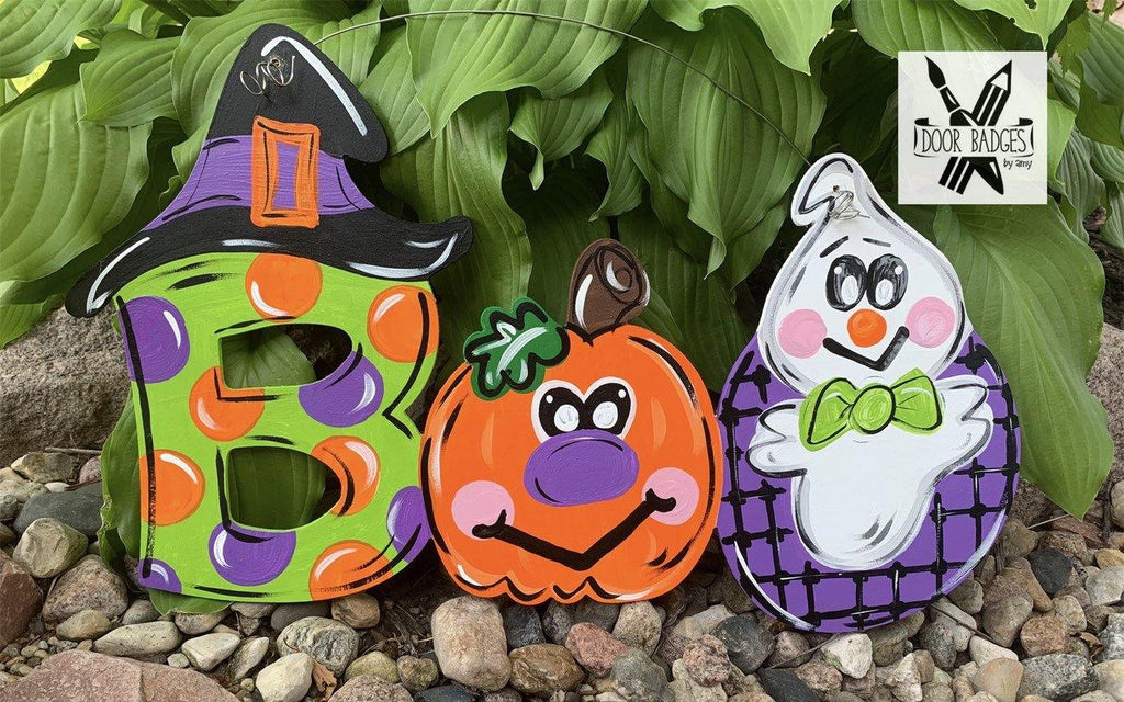 Halloween Boo Door Hanger- Witch Pumpkin Ghost Door Decor-Spooky-Fall-Wreath-wood cut out-hand painted door hanger