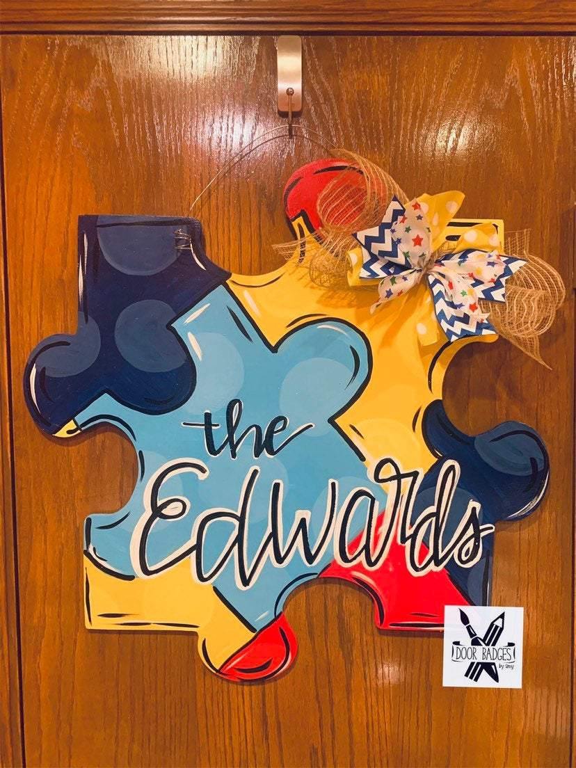 Puzzle Piece Door Hanger - Autism door Decor - wreath - Puzzle hand painted personalized door hanger