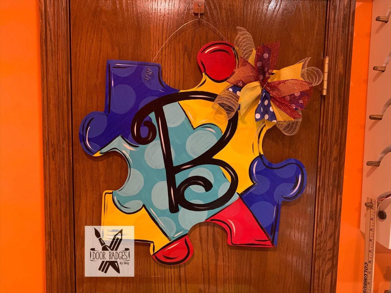 Puzzle Piece Door Hanger - Autism door Decor - wreath - Puzzle hand painted personalized door hanger