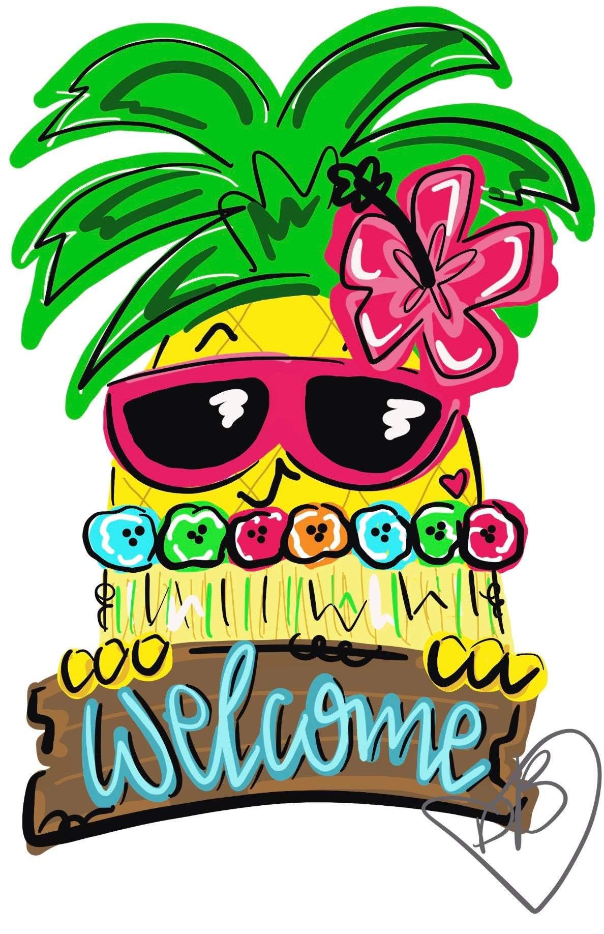 Pineapple Hula Girl Door Hanger - Summer Pineapple  door Decor - welcome wreath - spring summer hand painted personalized door hanger