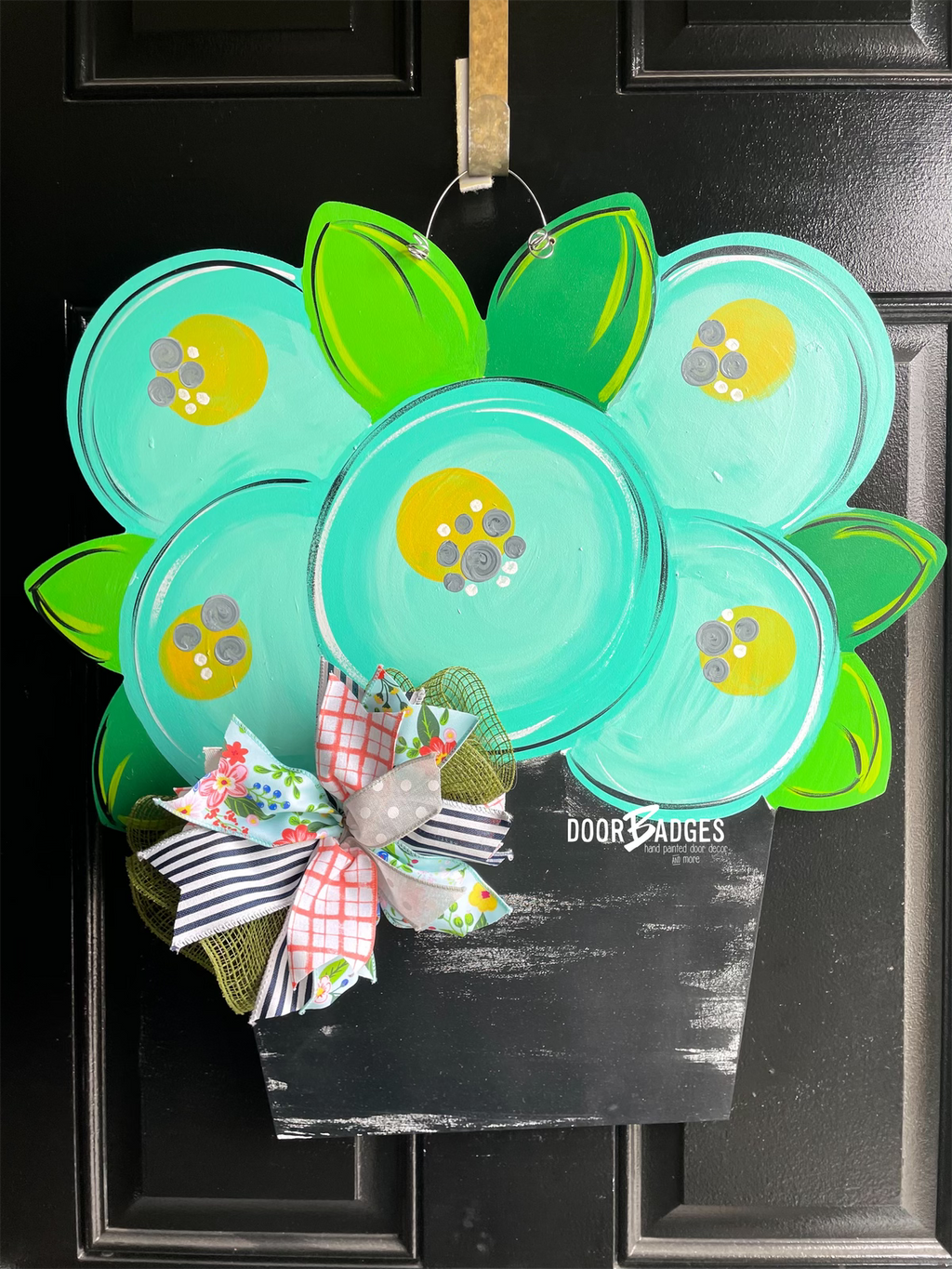 Flower Pot Doorhanger - Summer door decor wooden hand painted doorhanger