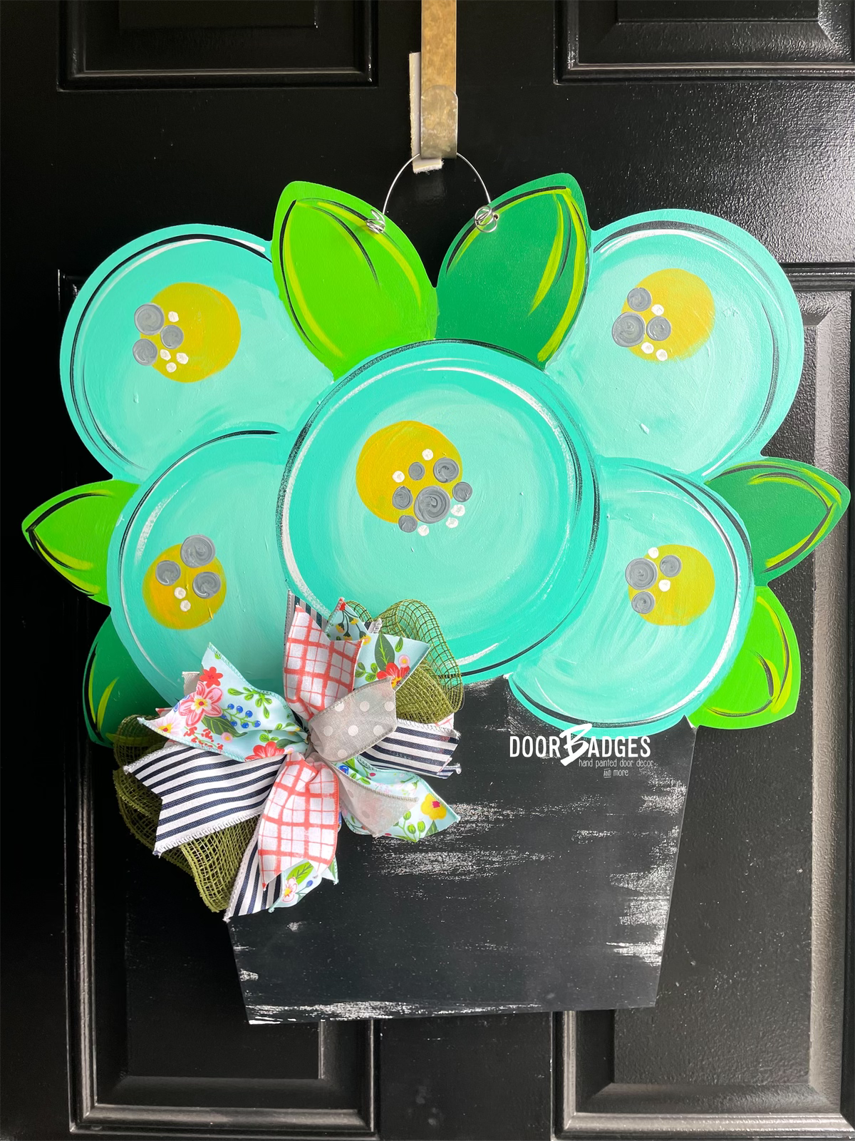 Flower Pot Doorhanger - Summer door decor wooden hand painted doorhanger