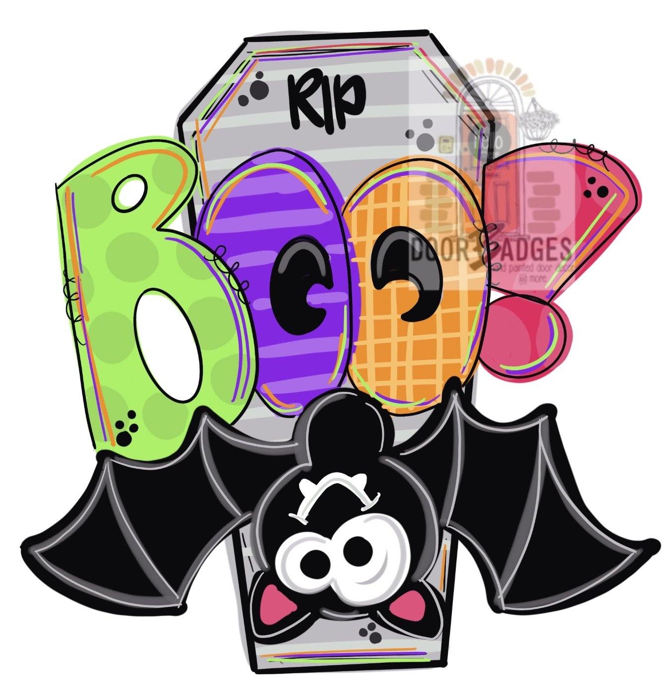 Halloween Boo Bat and Casket Door Hanger - Spooky-Fall-Wreath-wood cut out-hand painted door hanger