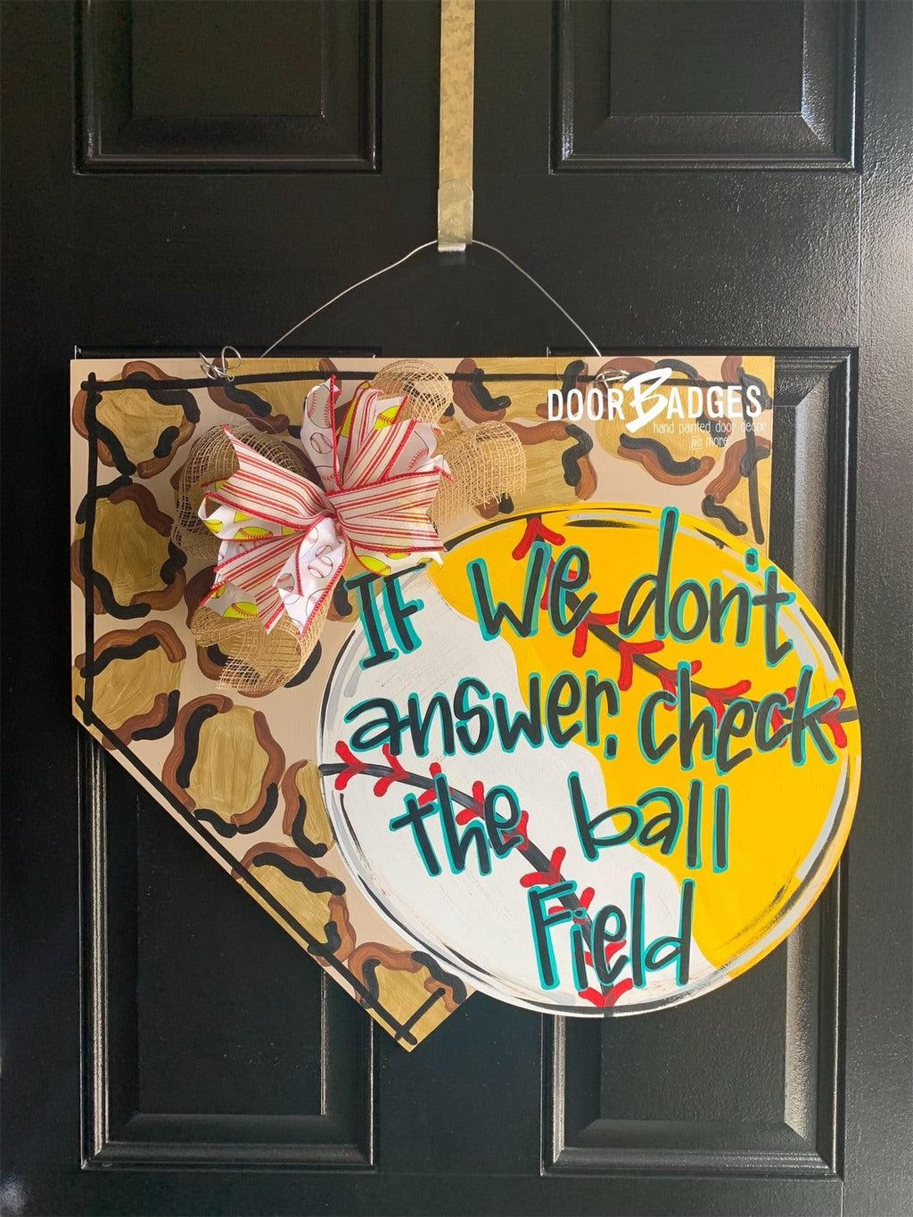 Home Plate Baseball/Softball with Leopard Print Door Hanger