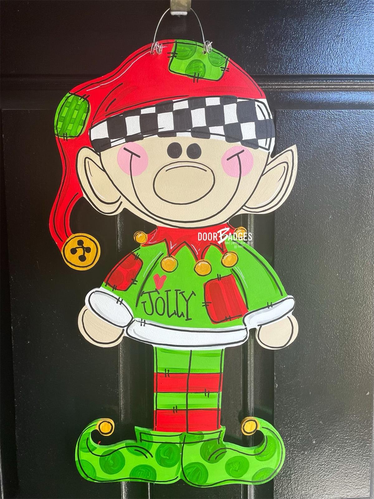 Christmas Elf door hanger, Winter Christmas wood cut out hand painted door hanger