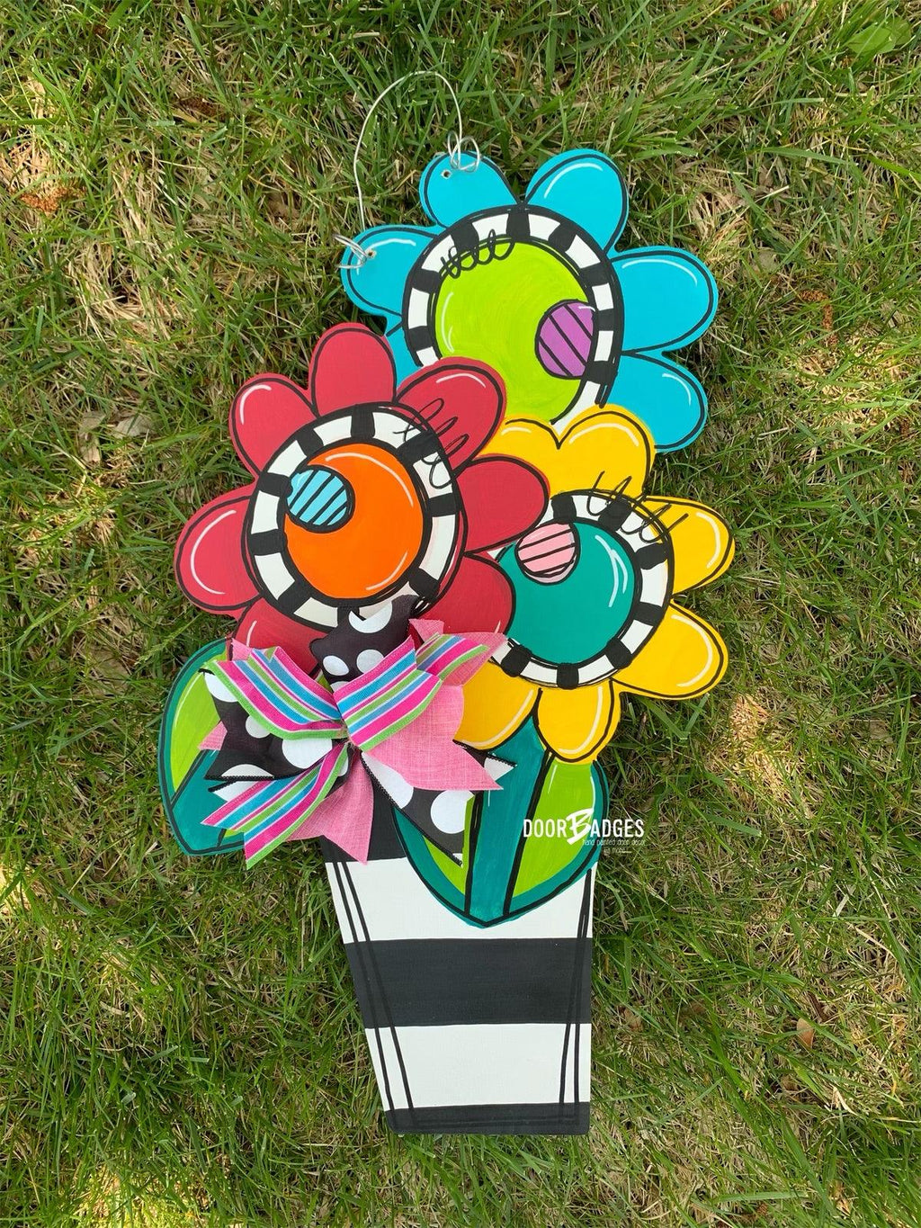 Funky Flowers in a pot door hanger, spring flower, summer flower