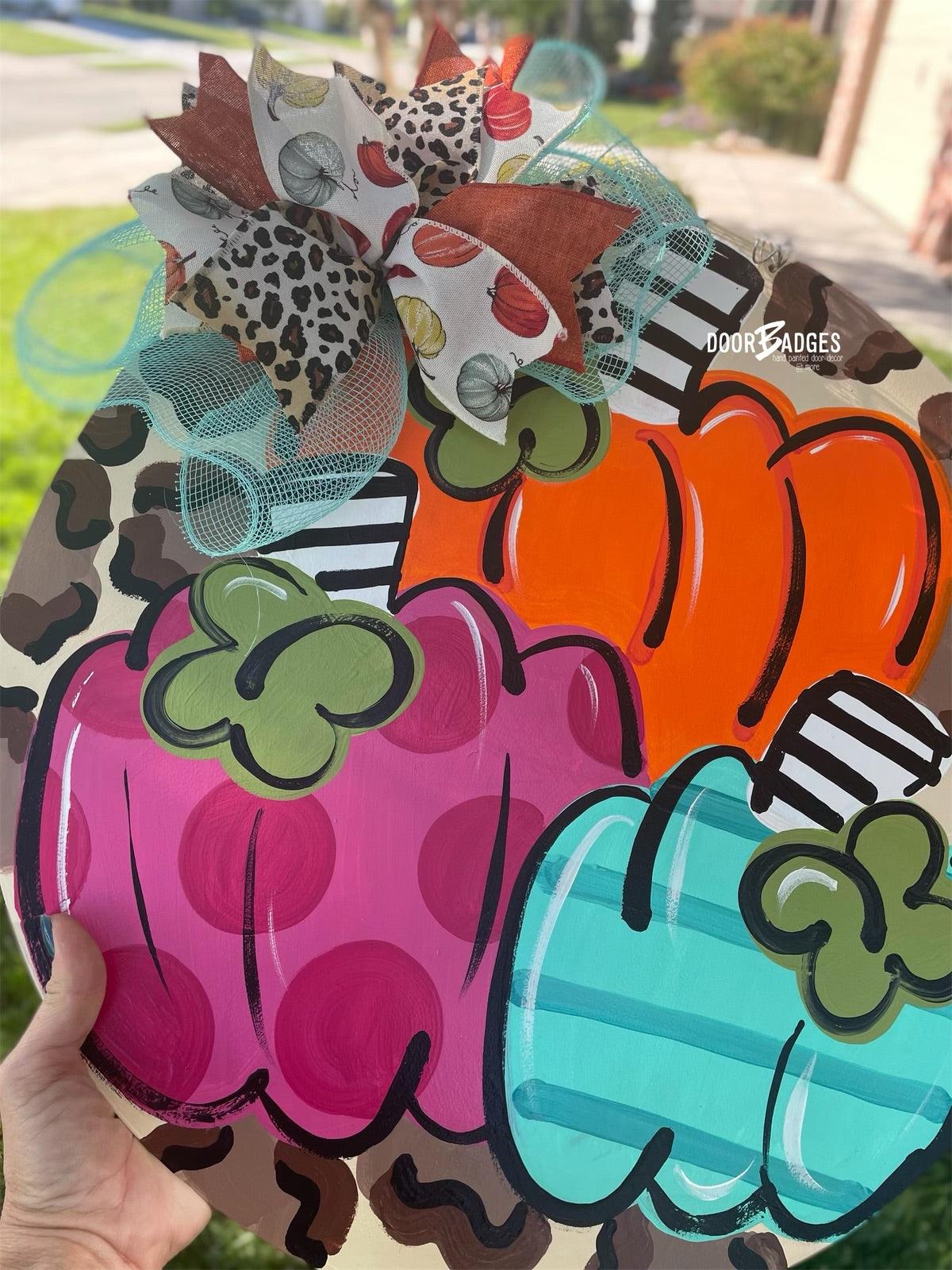 Funky Fall Pumpkin Trio Door Hanger - Leopard - Fall - Autumn - harvest - Thanksgiving -  pumpkin - thankful - cut out hand painted door hanger