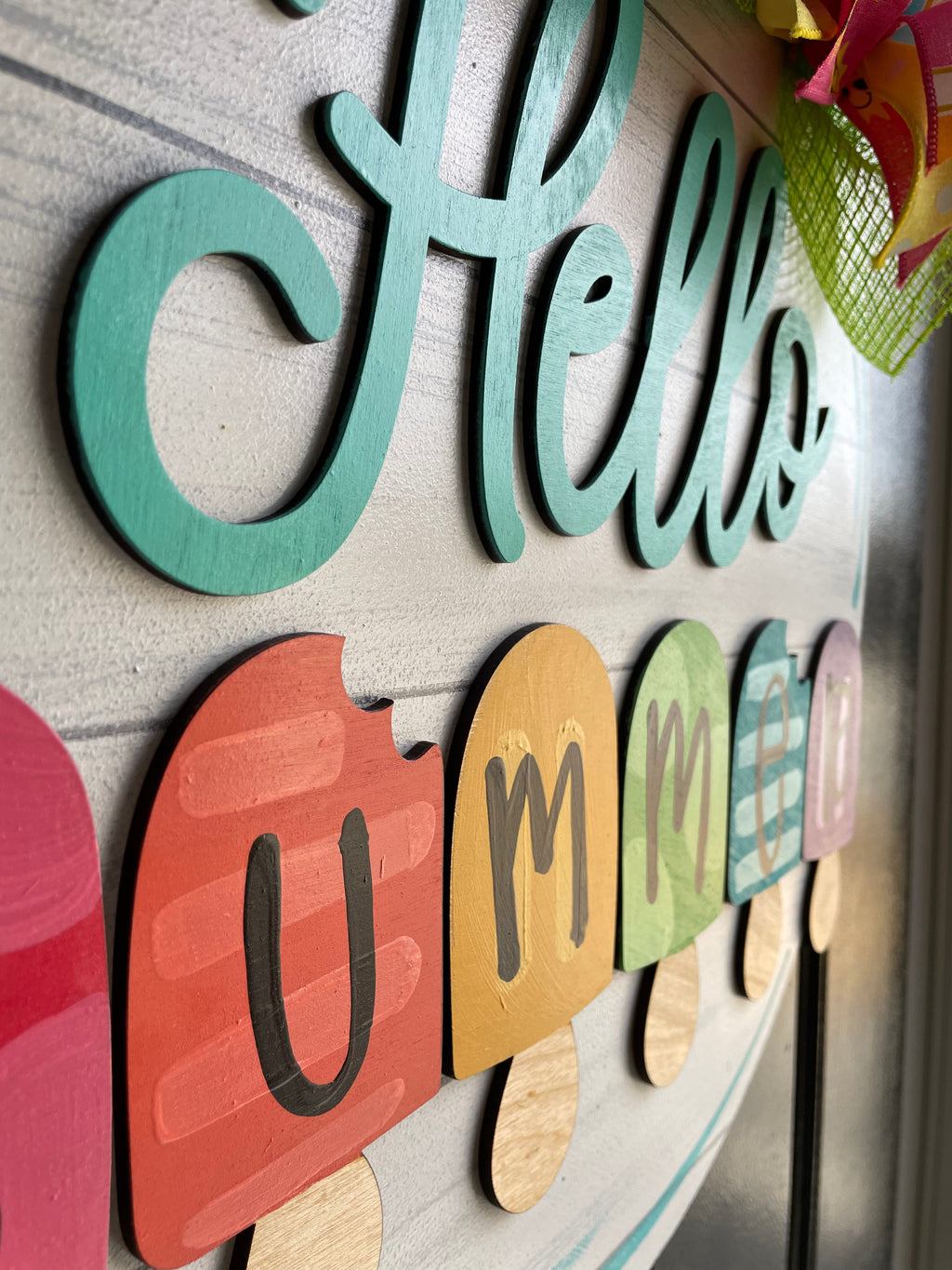 Hello Summer Popsicle Round Doorhanger - 3D Summer door decor - wooden hand painted doorhanger