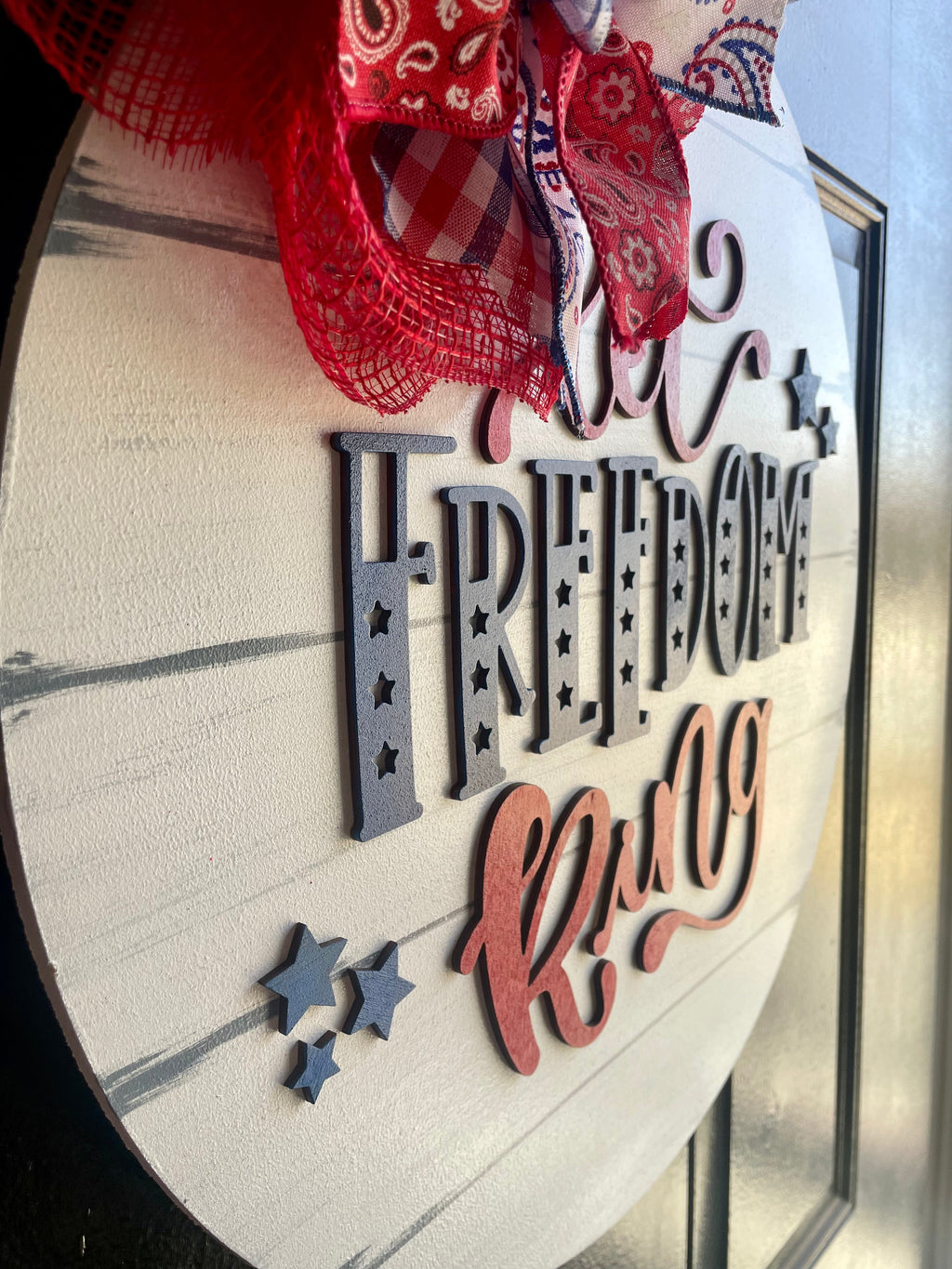 Let Freedom Ring Patriotic Doorhanger - 3D Summer Farmhouse door decor - wooden hand painted doorhanger