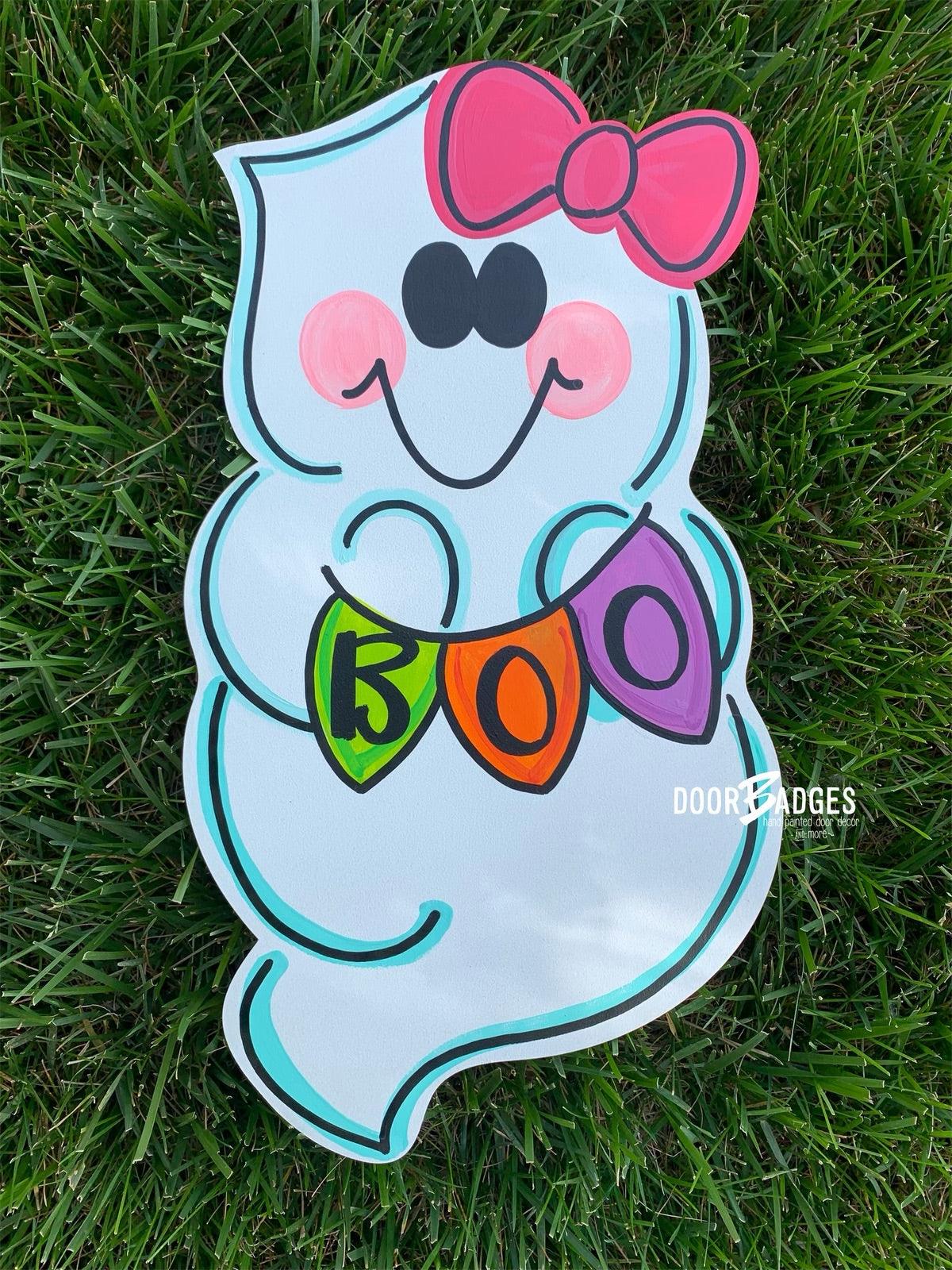 Halloween Ghost with Boo Banner Door Hanger- Ghost Door Decor-Spooky-Fall-Wreath-wood cut out-hand painted door hanger