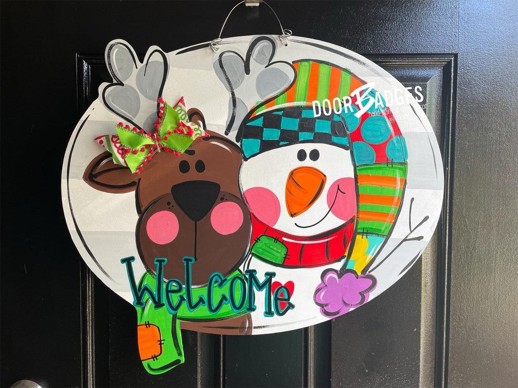 Reindeer and Santa door hanger, Winter Christmas Snow  wood cut out hand painted door hanger
