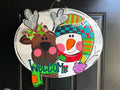 Reindeer and Santa door hanger, Winter Christmas Snow  wood cut out hand painted door hanger