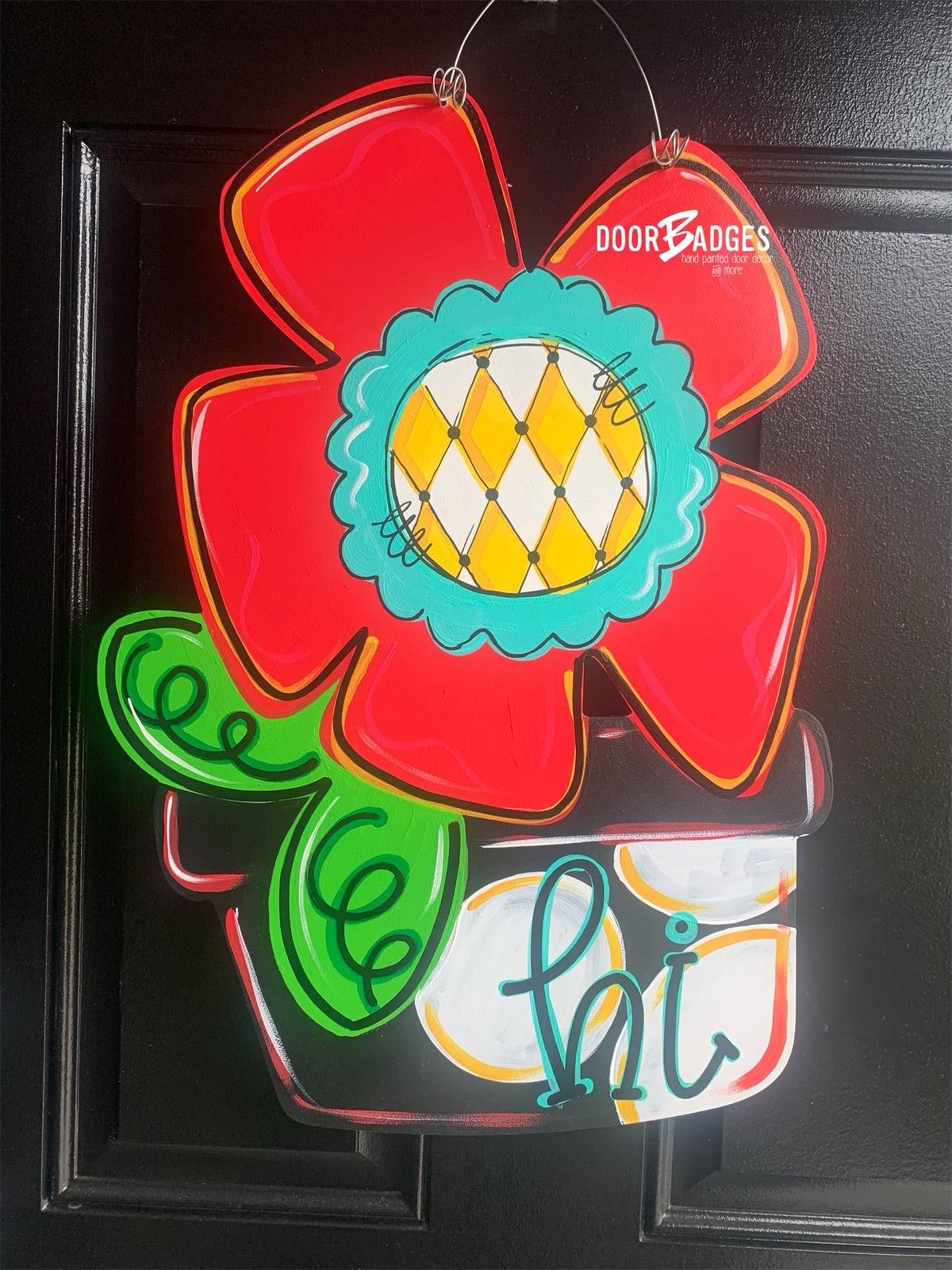 Funky Flower in Pot door hanger, spring flower, summer flower