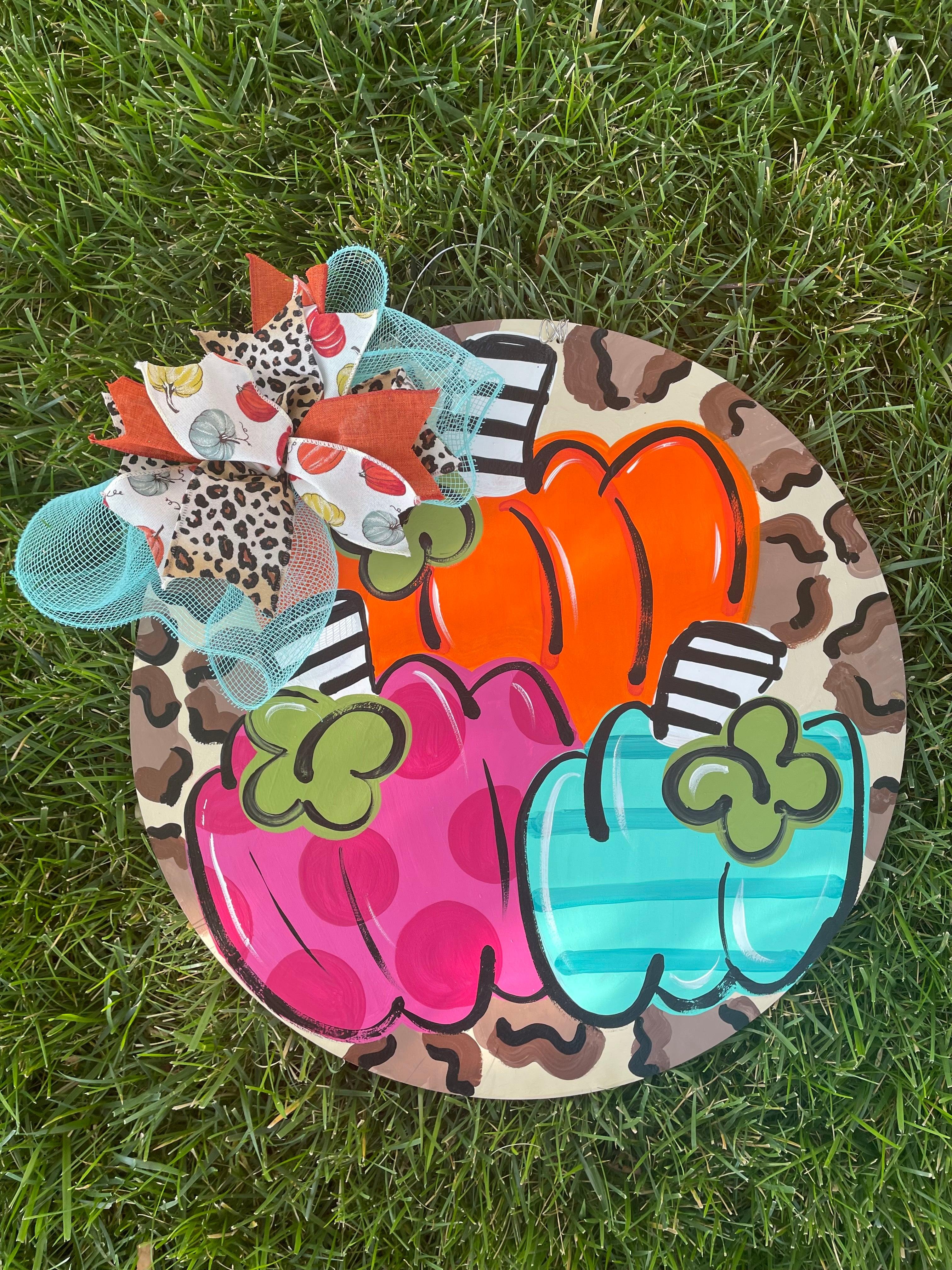 Funky Fall Pumpkin Trio Door Hanger - Leopard - Fall - Autumn - harvest - Thanksgiving -  pumpkin - thankful - cut out hand painted door hanger