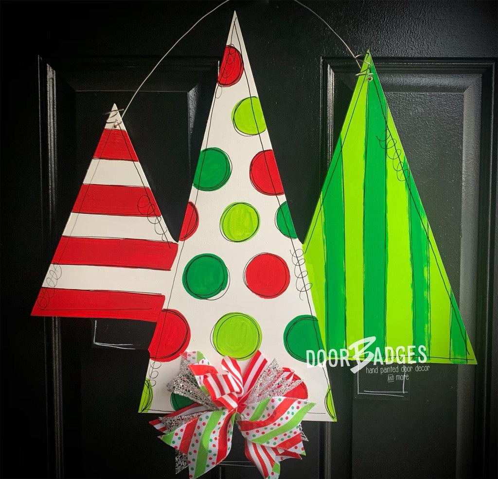 Christmas Tree Trio door hanger, Winter Christmas Snow  wood cut out hand painted door hanger