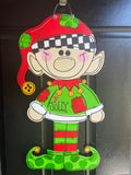 Christmas Elf door hanger, Winter Christmas wood cut out hand painted door hanger