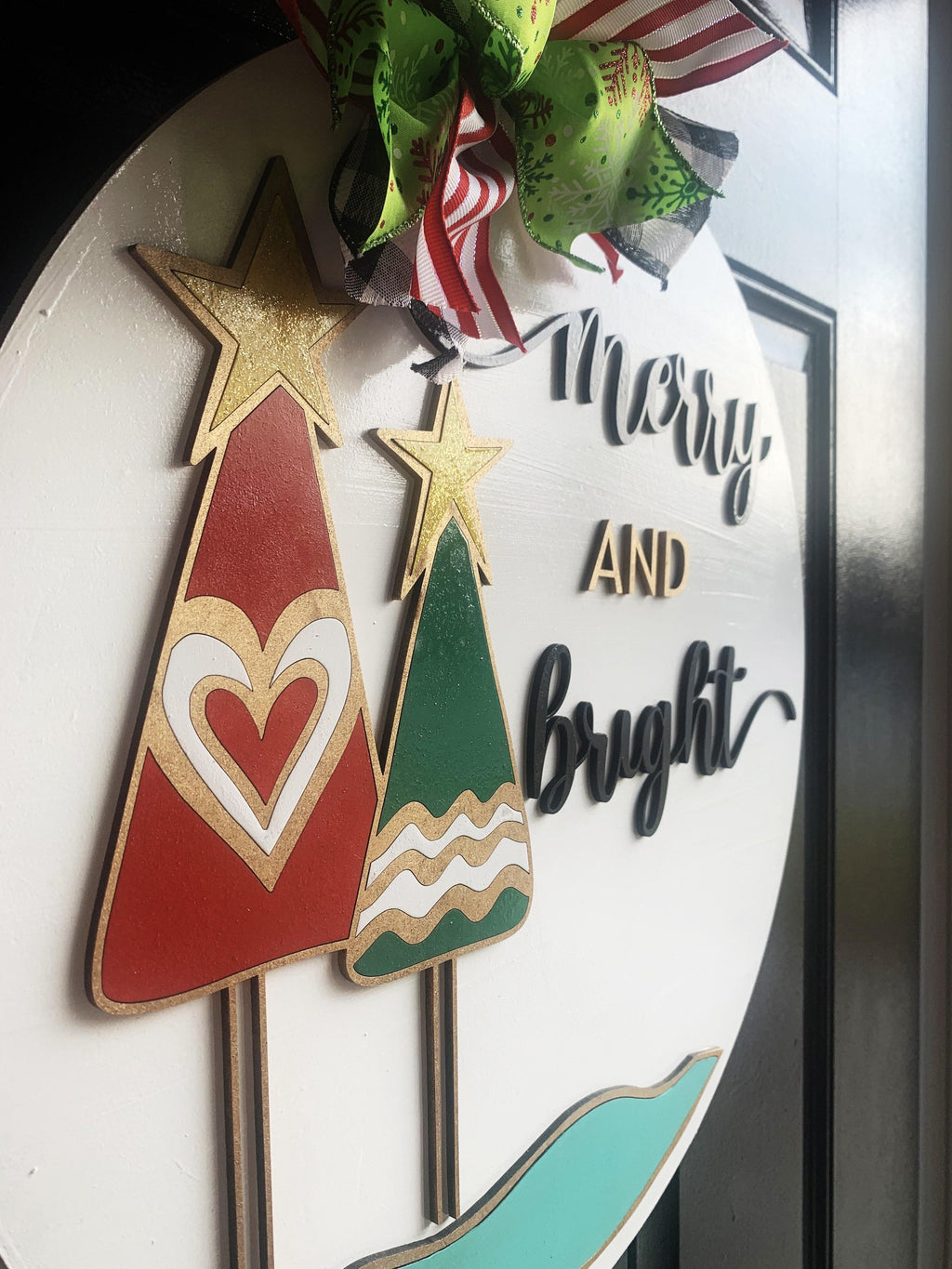 Merry and Bright 18" door hanger, 3D Winter Christmas Snow  wood cut out hand painted door hanger