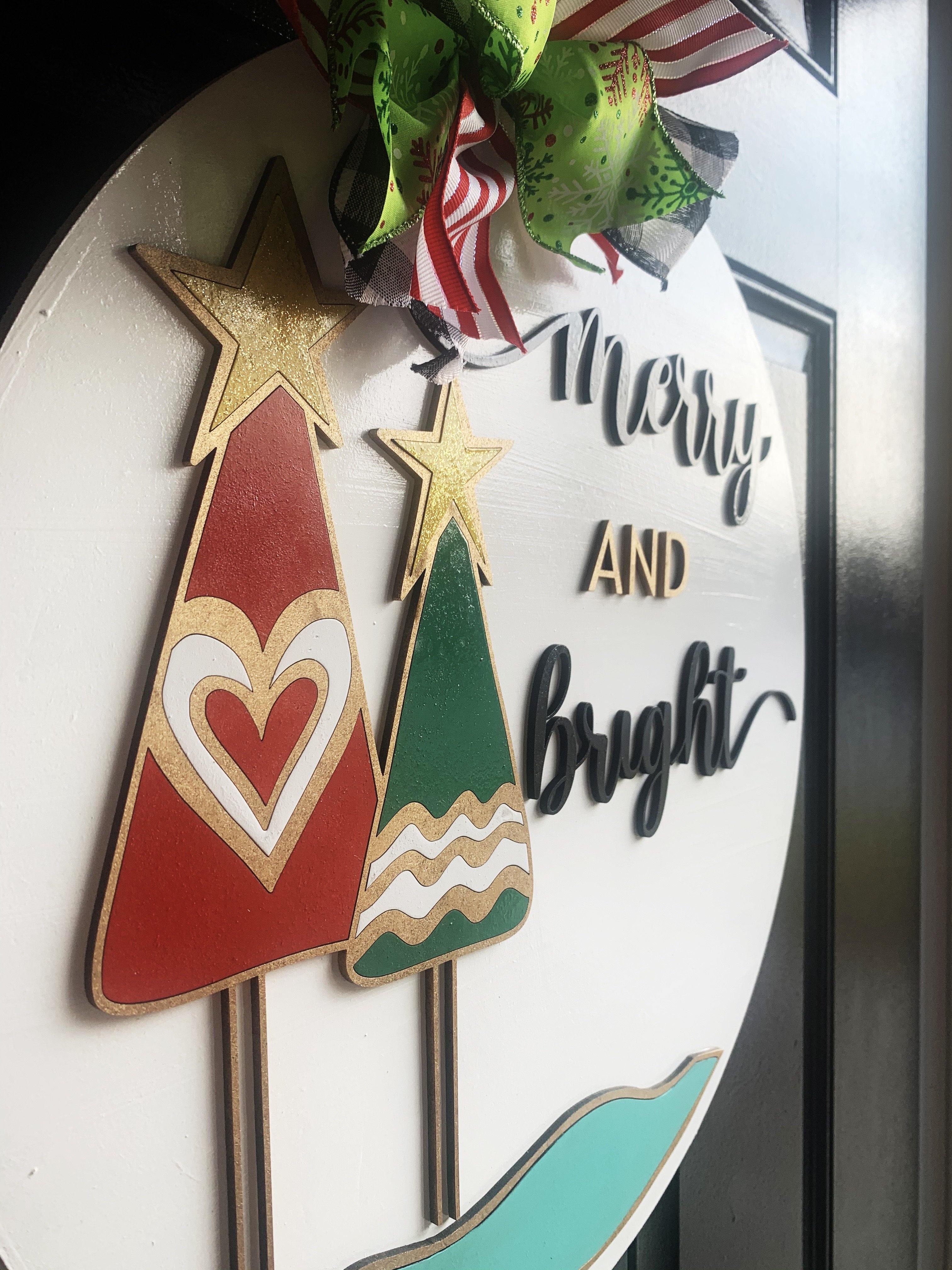 Merry and Bright 18" door hanger, 3D Winter Christmas Snow  wood cut out hand painted door hanger