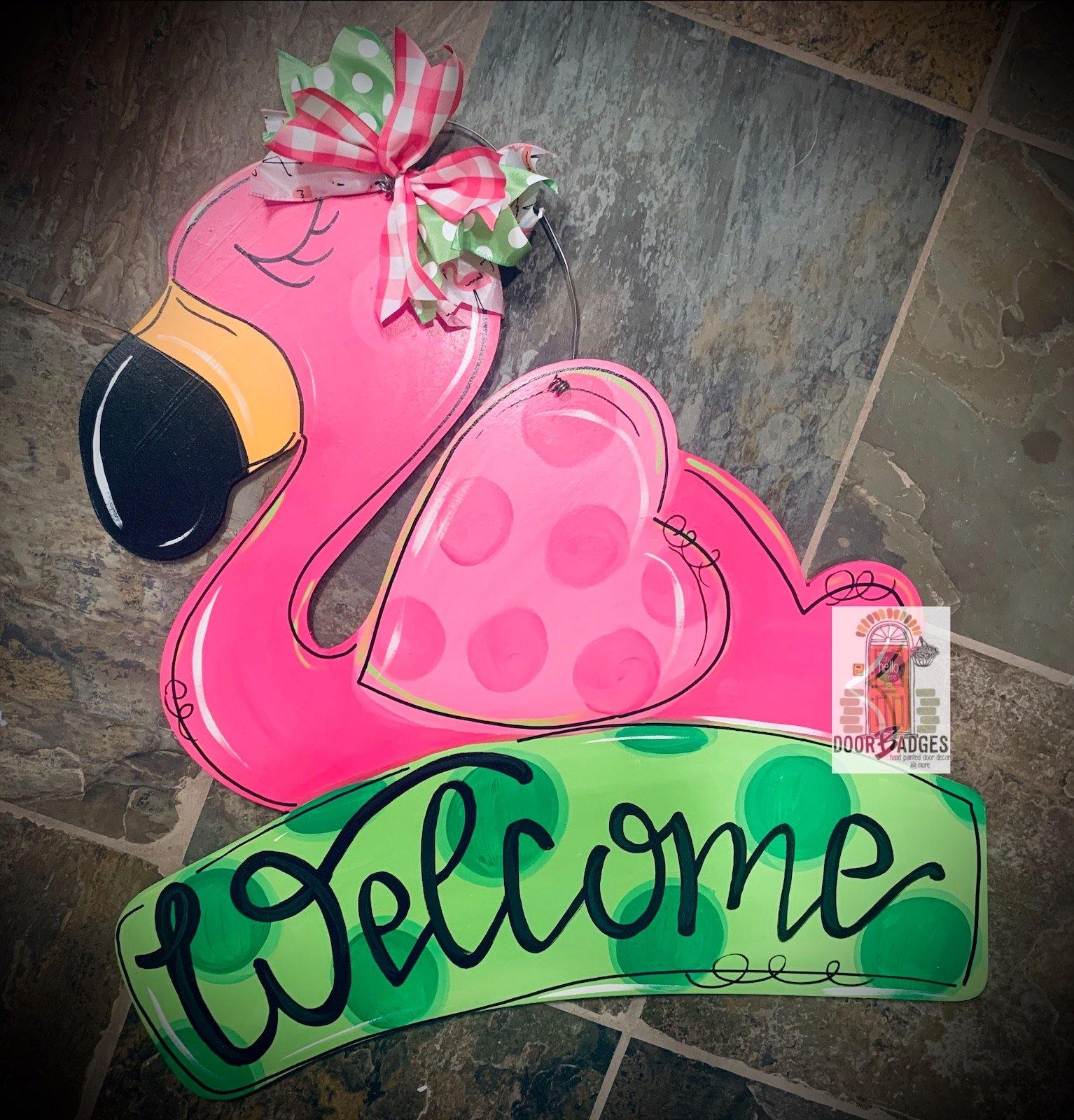 Flamingo door hanger  -  Summer door decor - hand painted personalized door hanger
