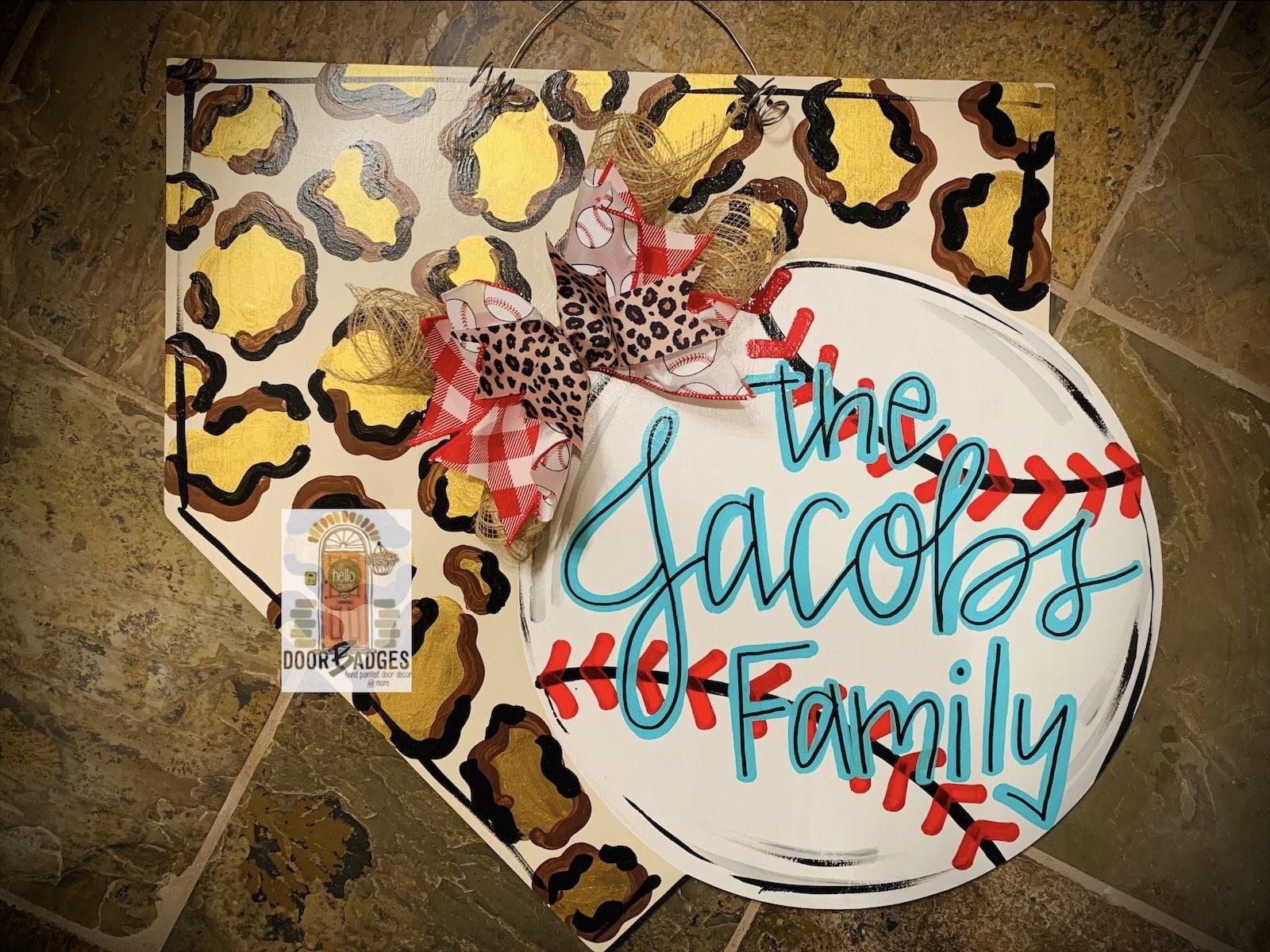 Home Plate Baseball/Softball with Leopard Print Door Hanger