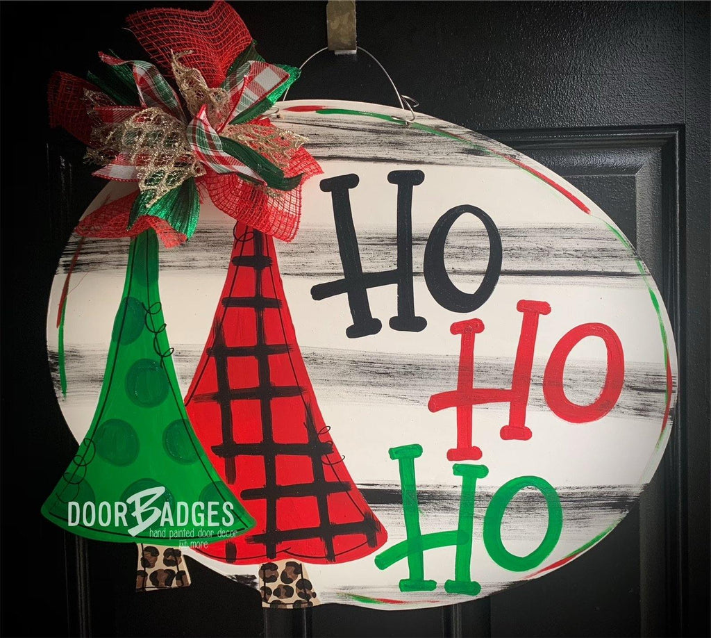 Christmas Tree Oval door hanger, Winter Christmas Snow  wood cut out hand painted door hanger