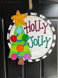 Funky Christmas Tree Round door hanger, Winter Christmas Snow hand painted door hanger