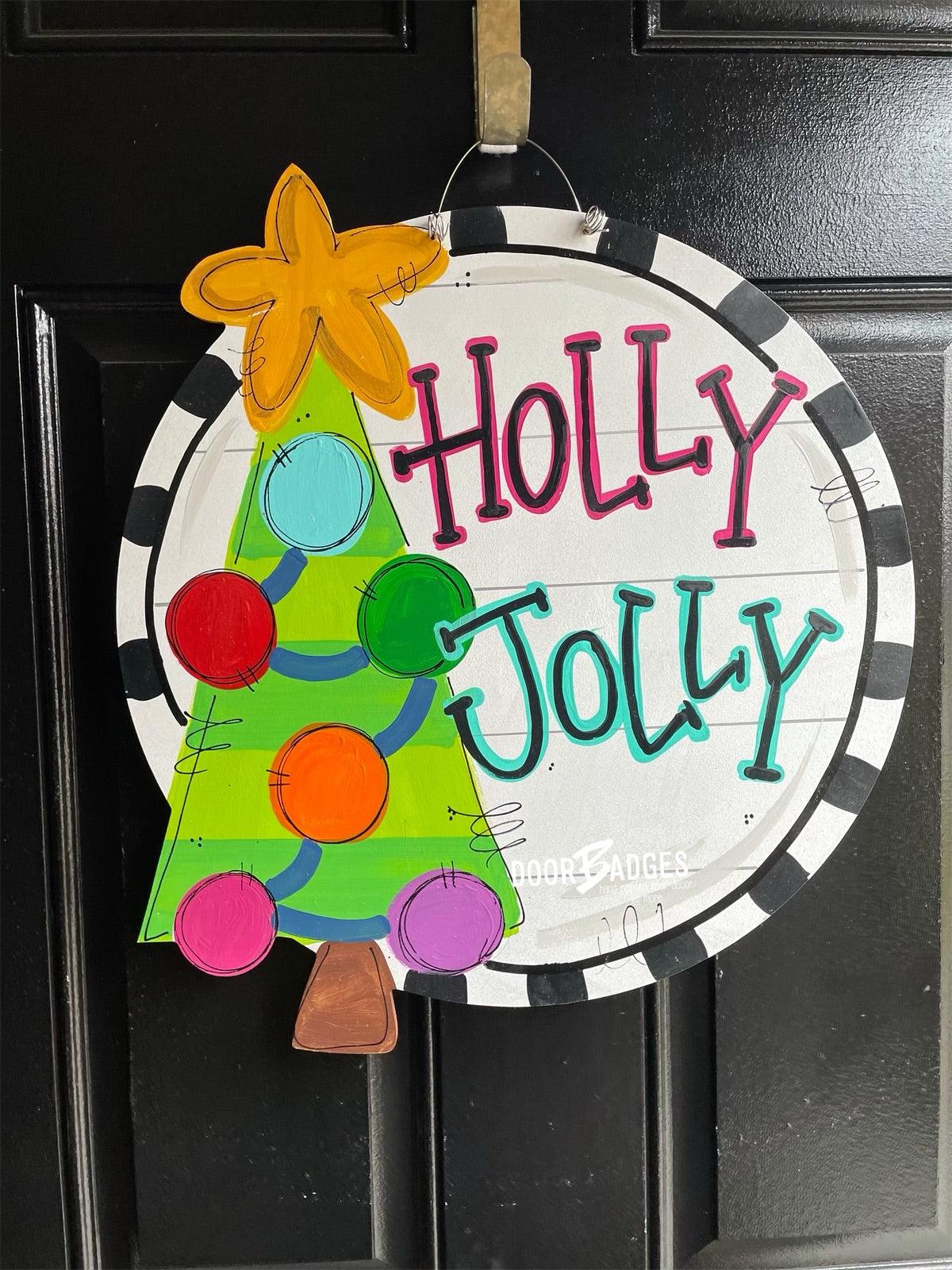 Funky Christmas Tree Round door hanger, Winter Christmas Snow hand painted door hanger