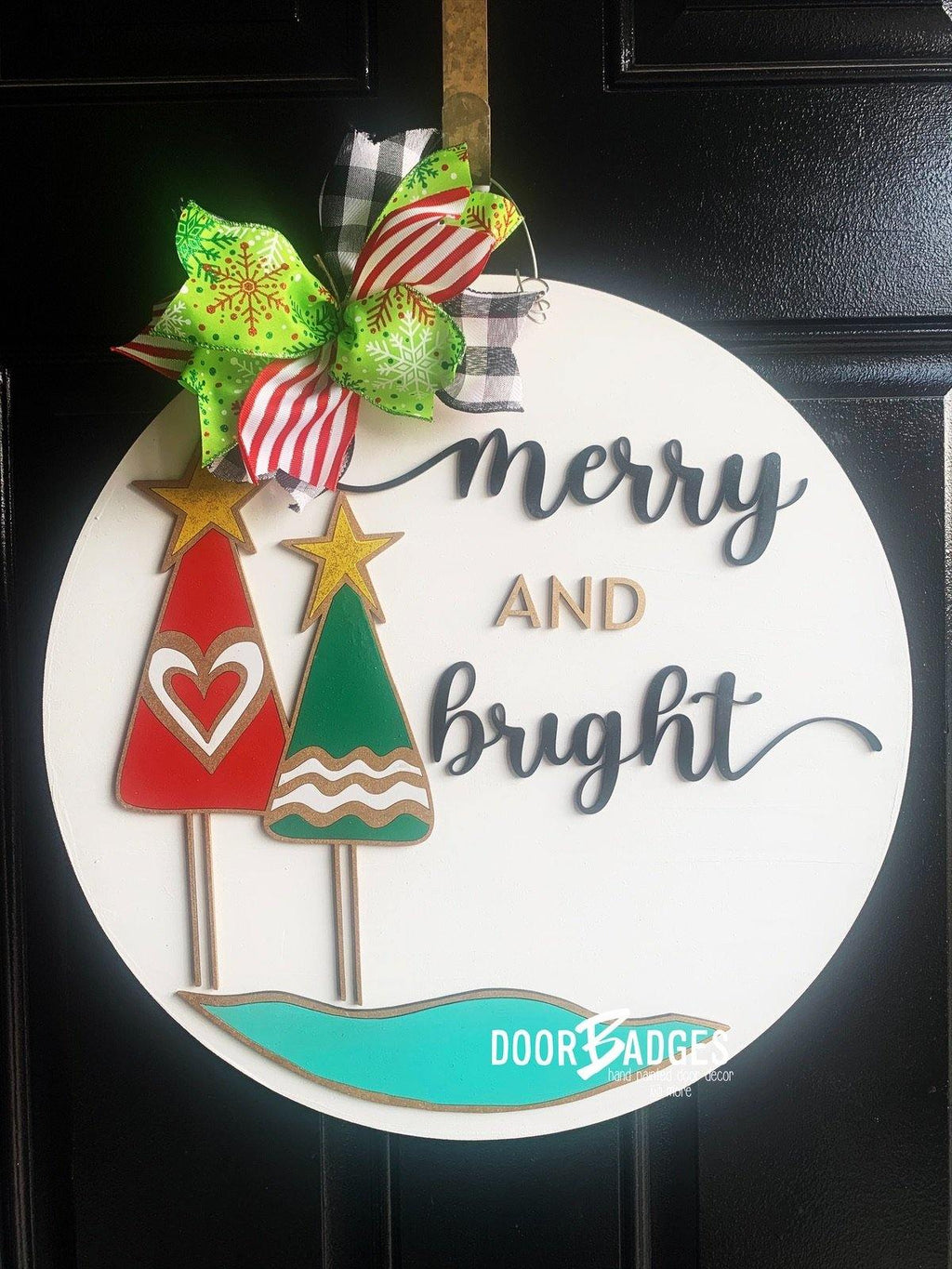 Merry and Bright 18" door hanger, 3D Winter Christmas Snow  wood cut out hand painted door hanger
