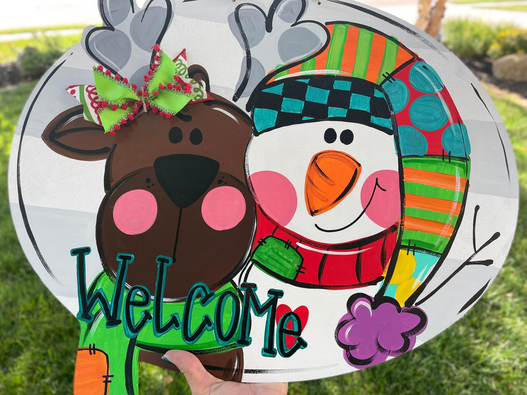 Reindeer and Santa door hanger, Winter Christmas Snow  wood cut out hand painted door hanger