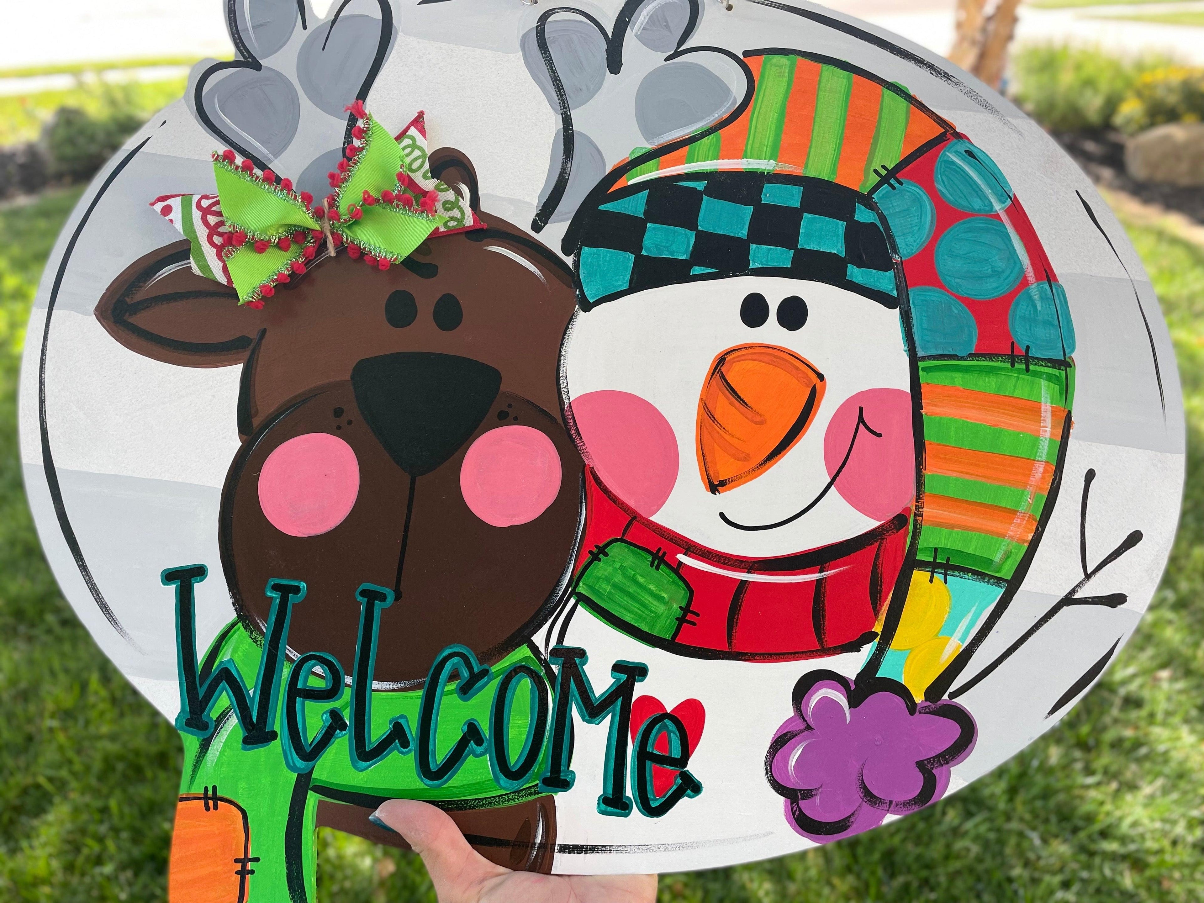 Reindeer and Santa door hanger, Winter Christmas Snow  wood cut out hand painted door hanger