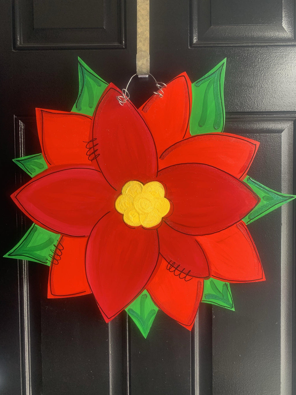 Poinsettia door hanger, Winter Christmas flower wood cut out hand painted door hanger