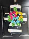 Floral Cross with Stripes Doorhanger - 3D Summer door decor - wooden hand painted doorhanger