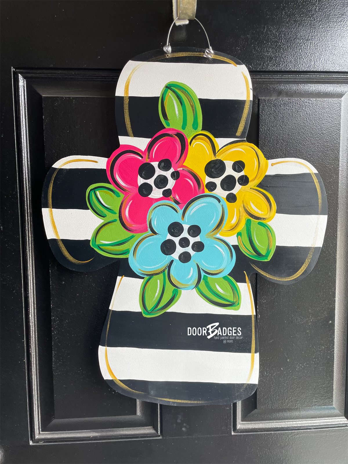 Floral Cross with Stripes Doorhanger - 3D Summer door decor - wooden hand painted doorhanger