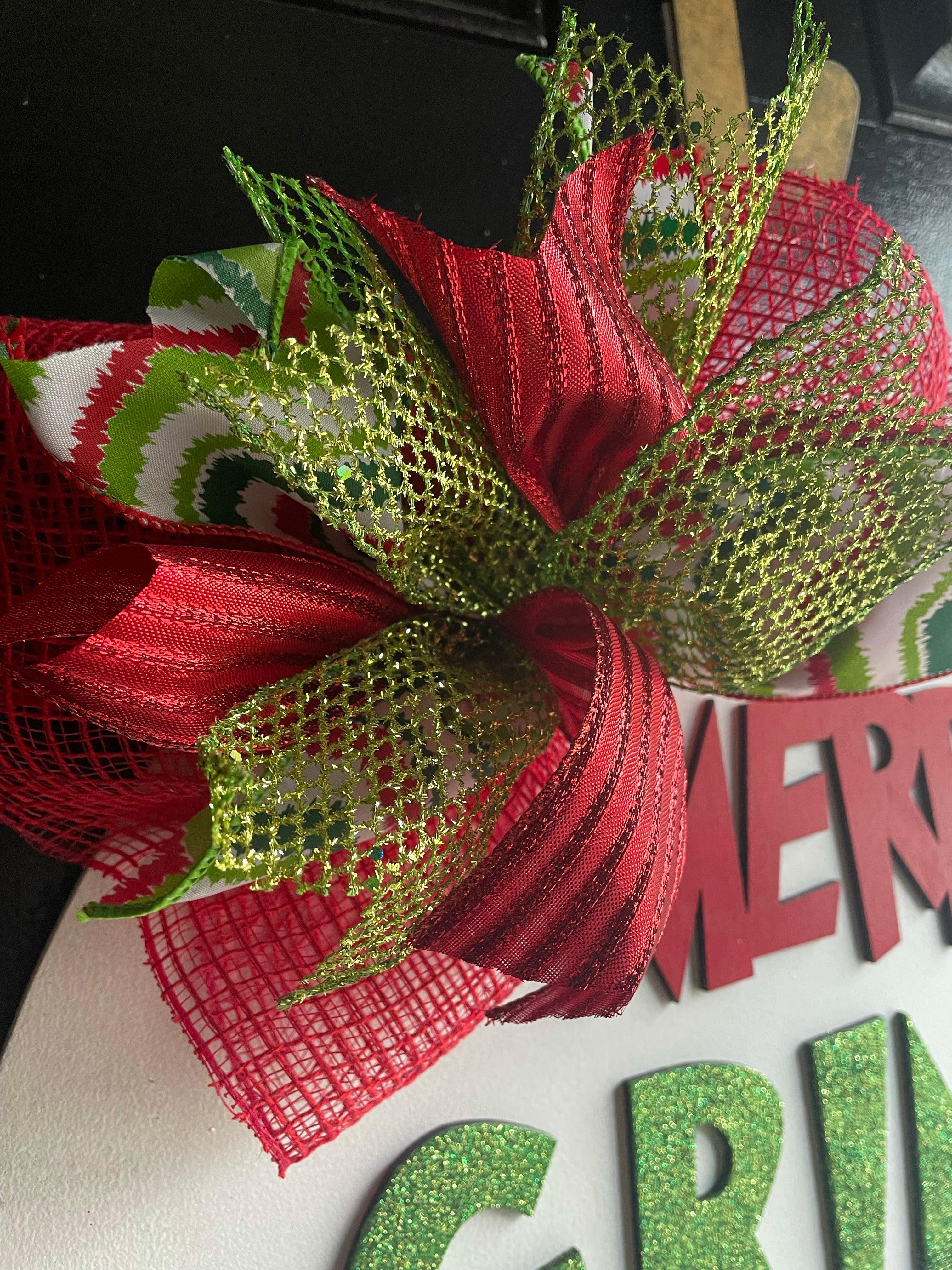 Merry Grinchmas Round door hanger, Winter Christmas Snow  wood cut out hand painted door hanger