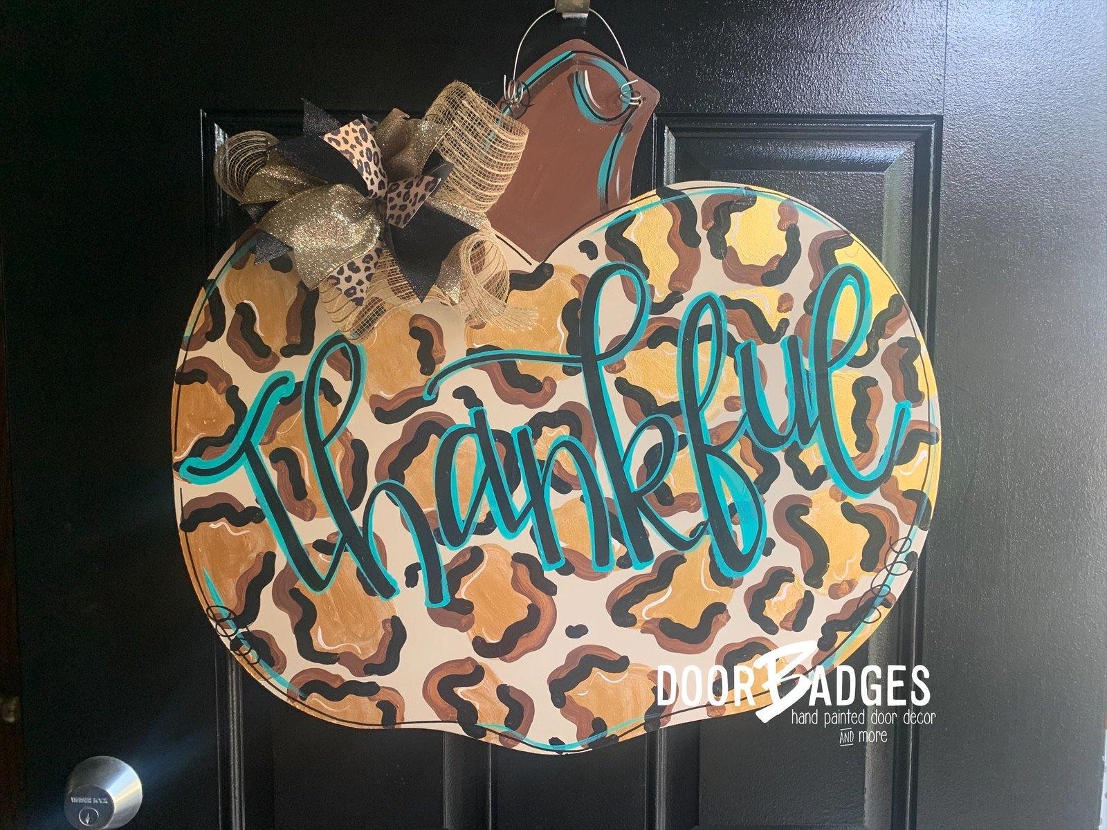 Pumpkin Leopard Door Hanger, Leopard Print - Fall - Autumn - harvest - Thanksgiving -  pumpkin - wood cut out hand painted door hanger