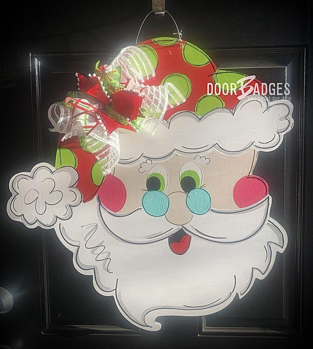 Santa with Glasses Door Hanger, Christmas Door Decor, Winter Wreath, Holiday,  Santa Decor,  wood cut out hand painted door hanger