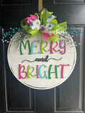 Merry & Bright Round door hanger, Winter Christmas Snow hand painted door hanger