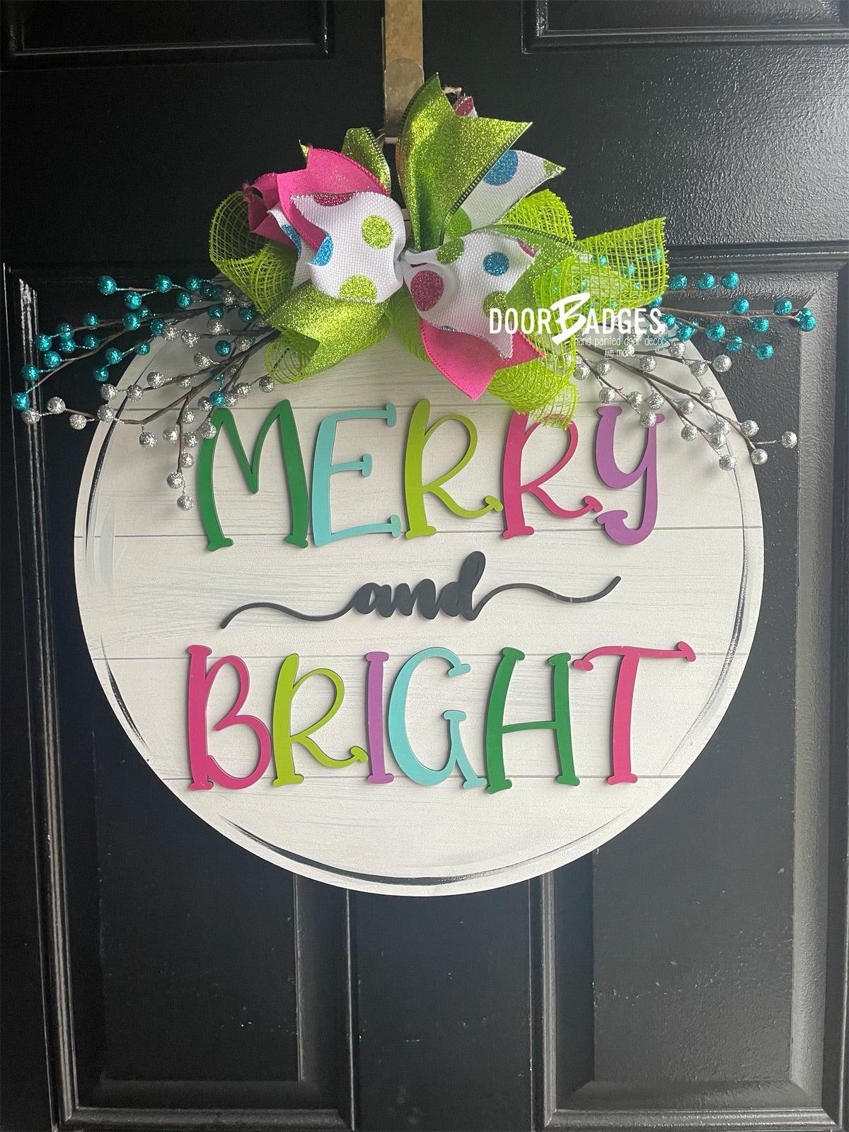 Merry & Bright Round door hanger, Winter Christmas Snow hand painted door hanger
