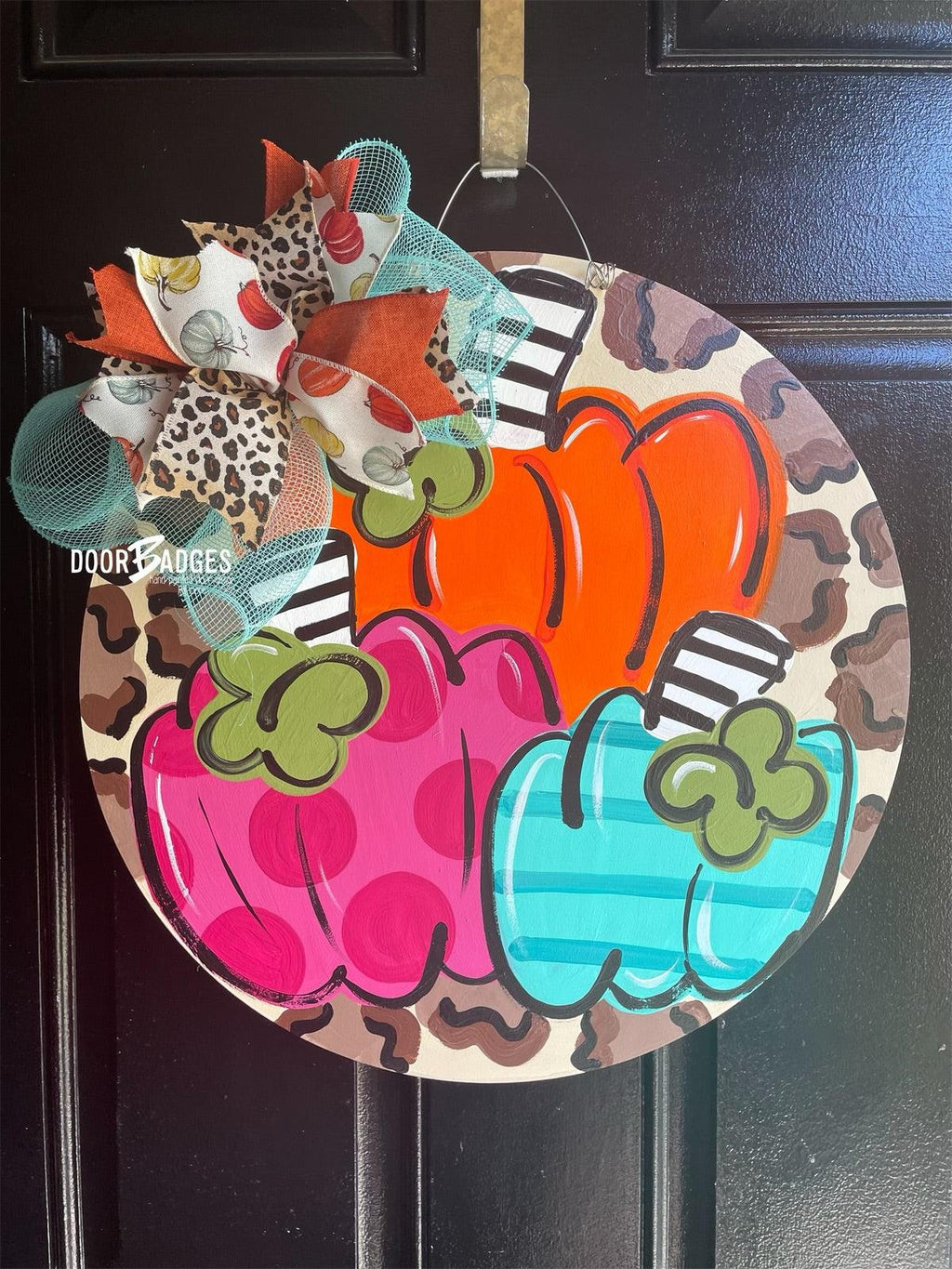 Funky Fall Pumpkin Trio Door Hanger - Leopard - Fall - Autumn - harvest - Thanksgiving -  pumpkin - thankful - cut out hand painted door hanger
