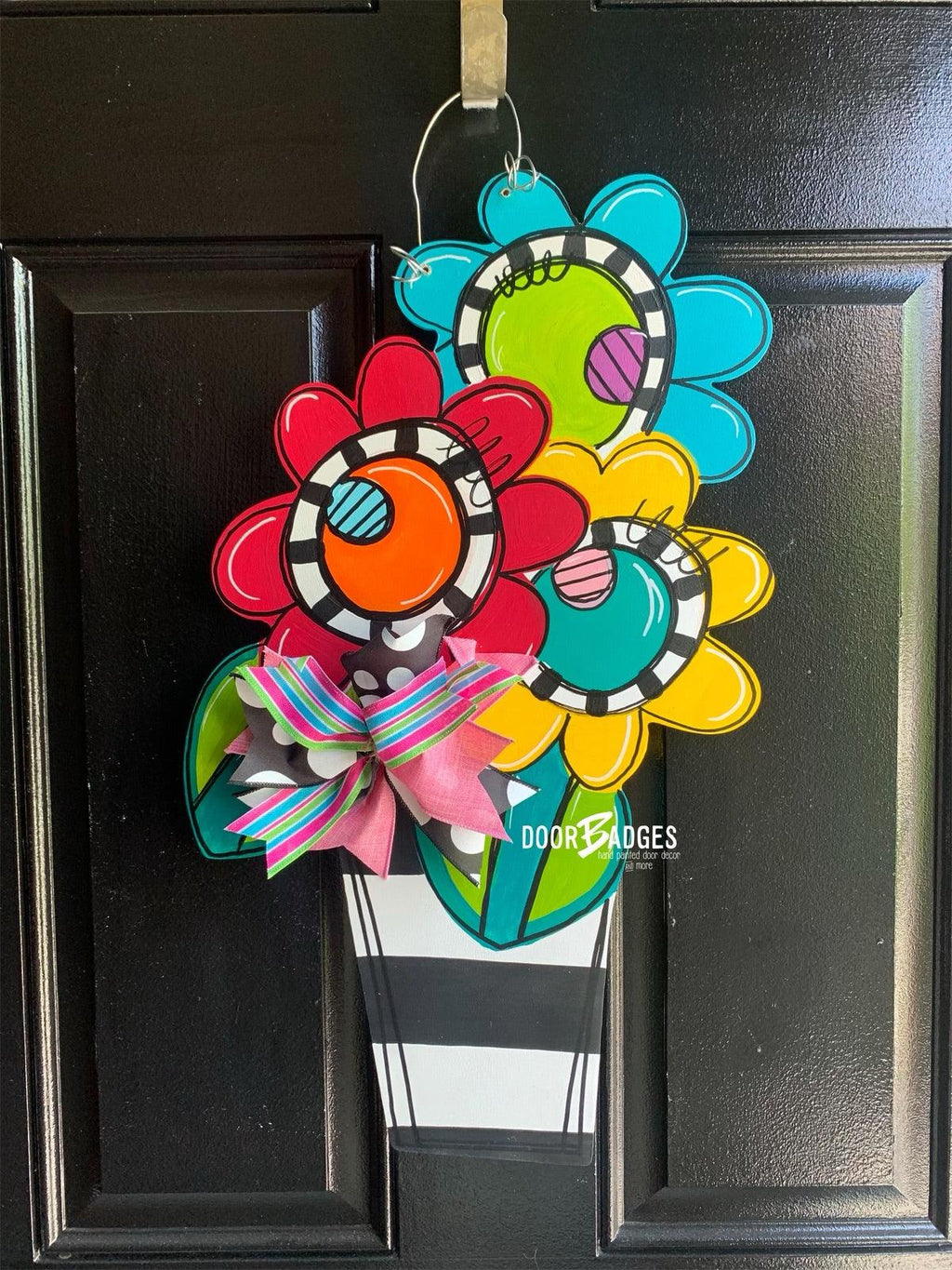 Funky Flowers in a pot door hanger, spring flower, summer flower