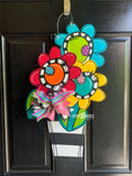 Funky Flowers in a pot door hanger, spring flower, summer flower