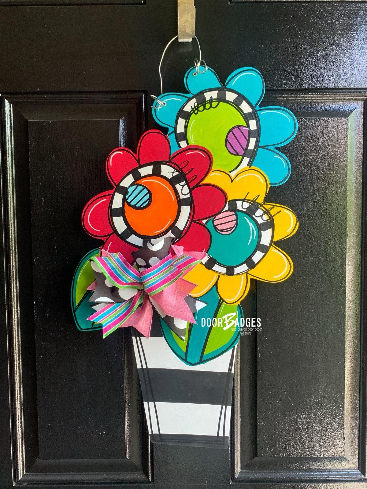 Funky Flowers in a pot door hanger, spring flower, summer flower