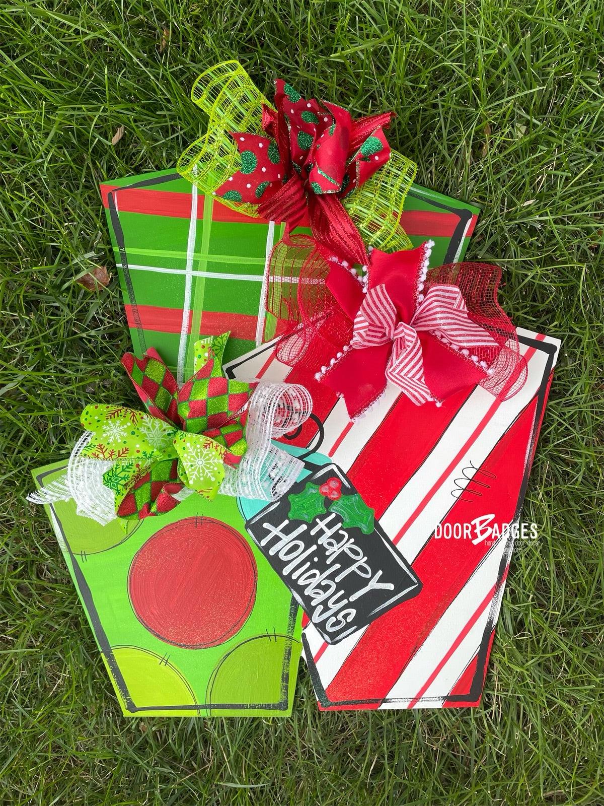 Christmas Presents door hanger, Winter Christmas Snow  wood cut out hand painted door hanger