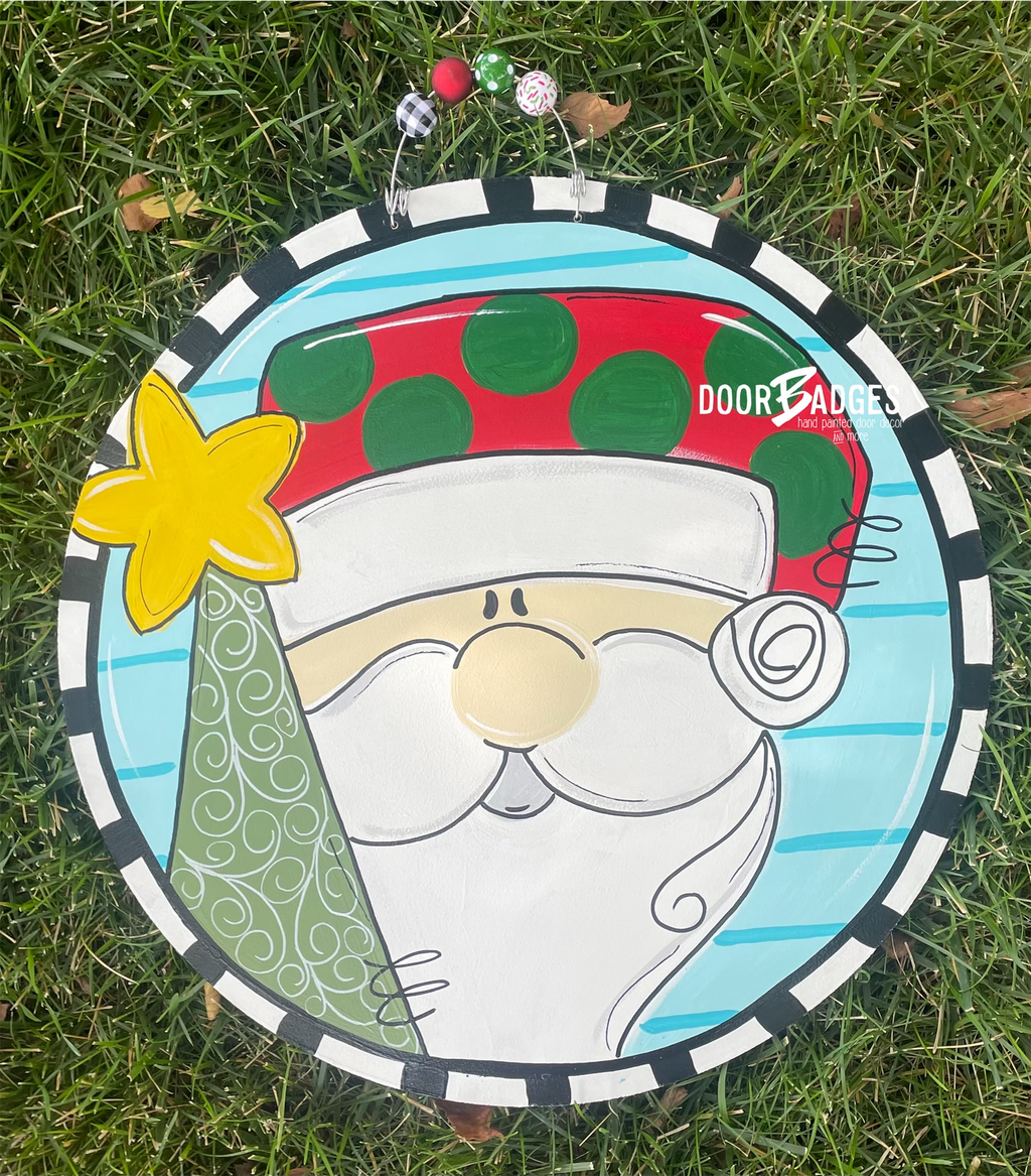 Santa Claus and Tree Door Hanger, Merry Christmas Door Decor, Winter Wreath, Holiday,  Santa Decor,  wood cut out hand painted door hanger